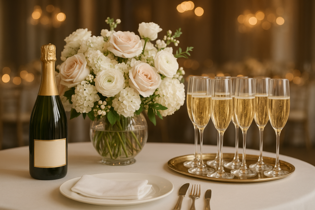 A table elegantly set with champagne and vibrant flowers, perfect for high-end party celebrations.