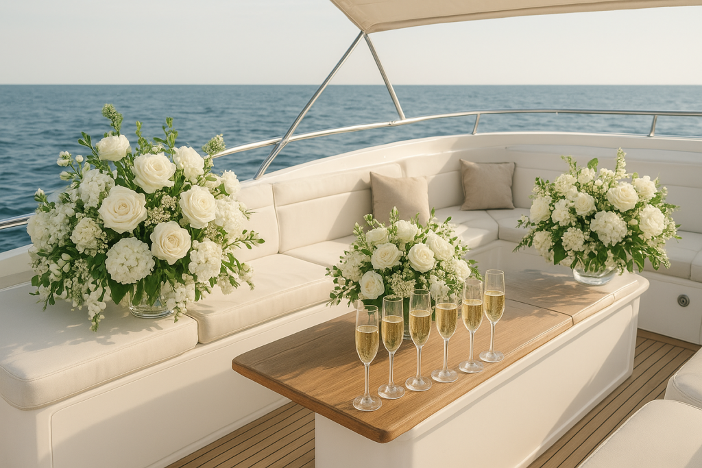 Elegant yacht decor showcasing white furniture and a table decorated with vibrant fresh flowers.
