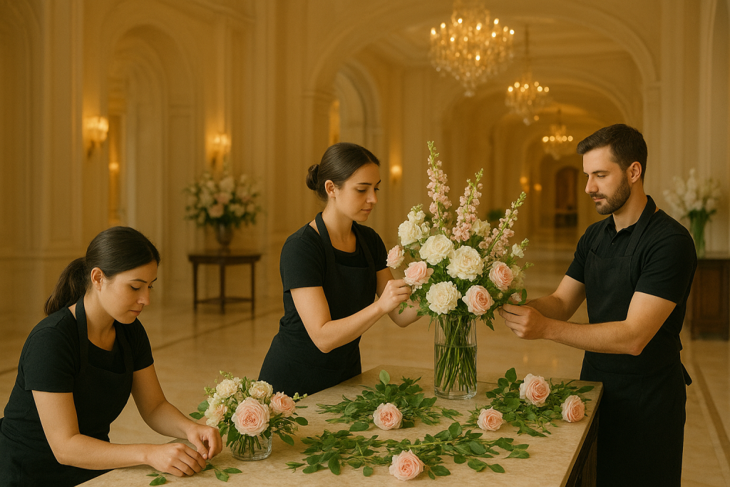 A trio of floral designers meticulously crafting a stunning flower arrangement in a high-end hotel environment.