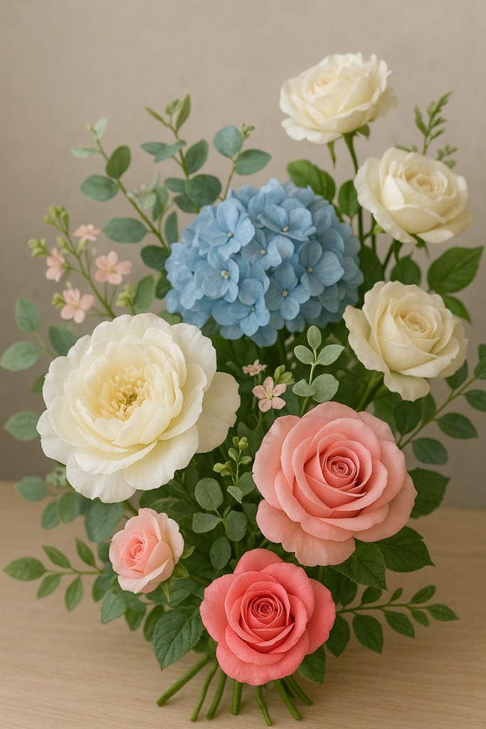 A vibrant bouquet of realistic fake flowers in a vase, elegantly displayed on a table for event decoration.