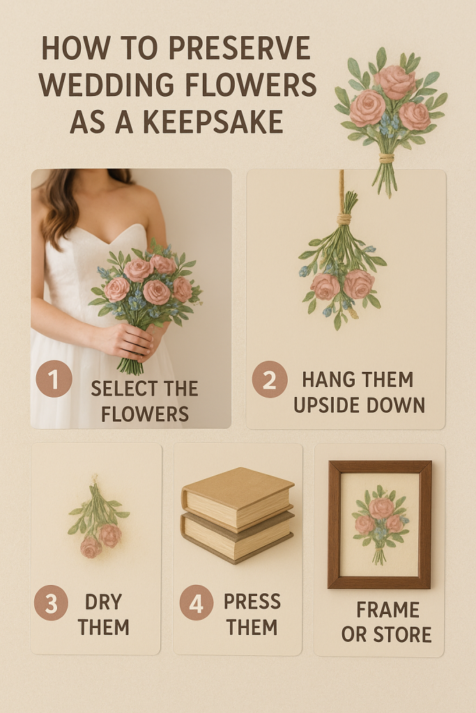 Guide on preserving wedding flowers as keepsakes, showcasing techniques and tips for lasting memories.