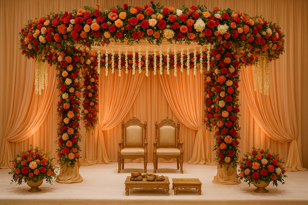 A beautifully decorated arch of flowers at an Indian wedding ceremony, highlighting traditional mandap designs in Dubai.