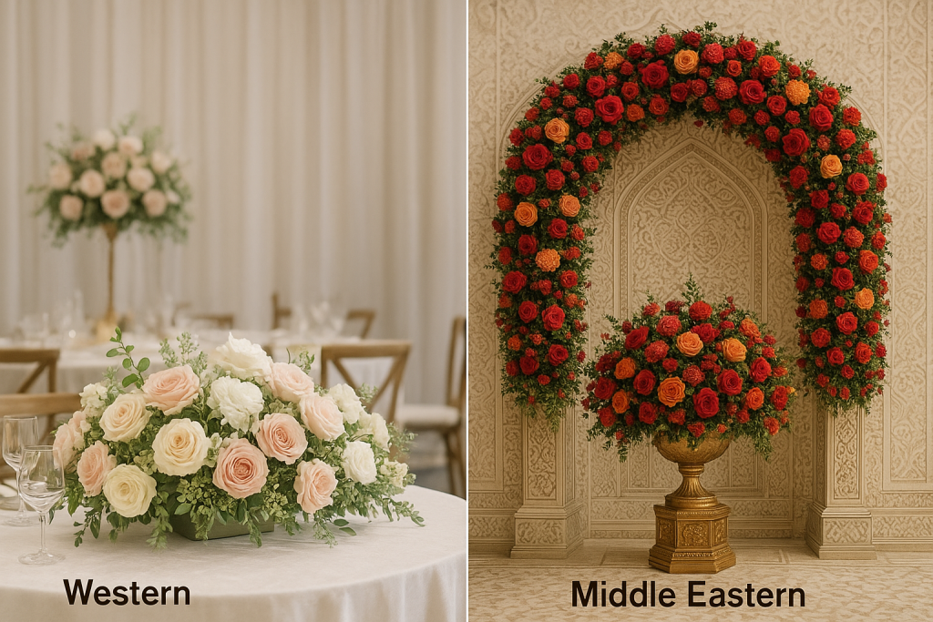 Two pictures depicting a wedding reception with floral decorations, highlighting Western and Middle Eastern styles.