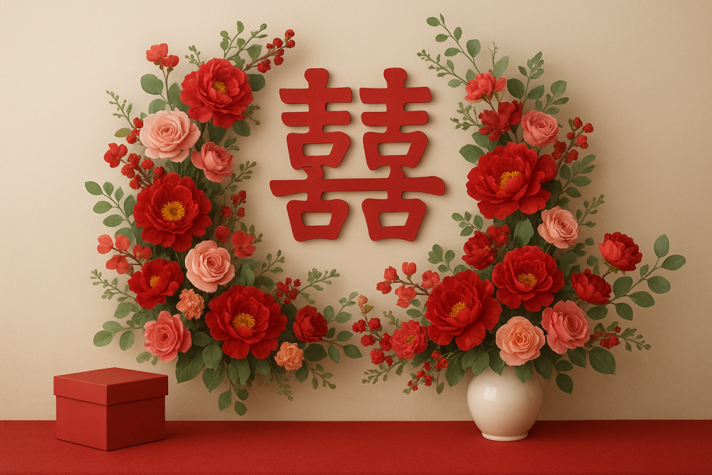 A striking red floral arrangement featuring Chinese characters, representing wedding symbolism, alongside a decorative box.