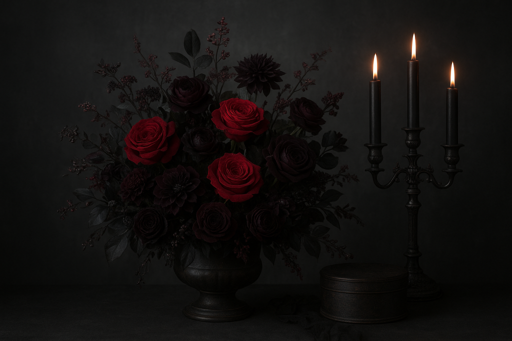 A dark background features a vase of red roses and candles, embodying gothic wedding flower trends and dark romance.