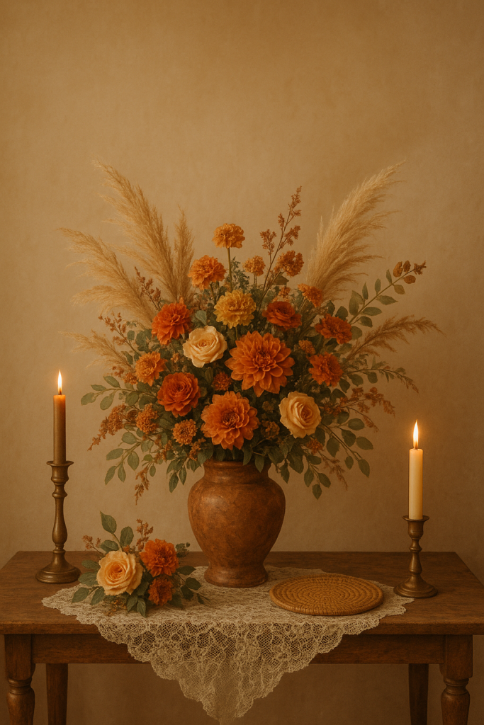 A table adorned with a vase of colorful flowers and lit candles, embodying a bohemian wedding decor style.