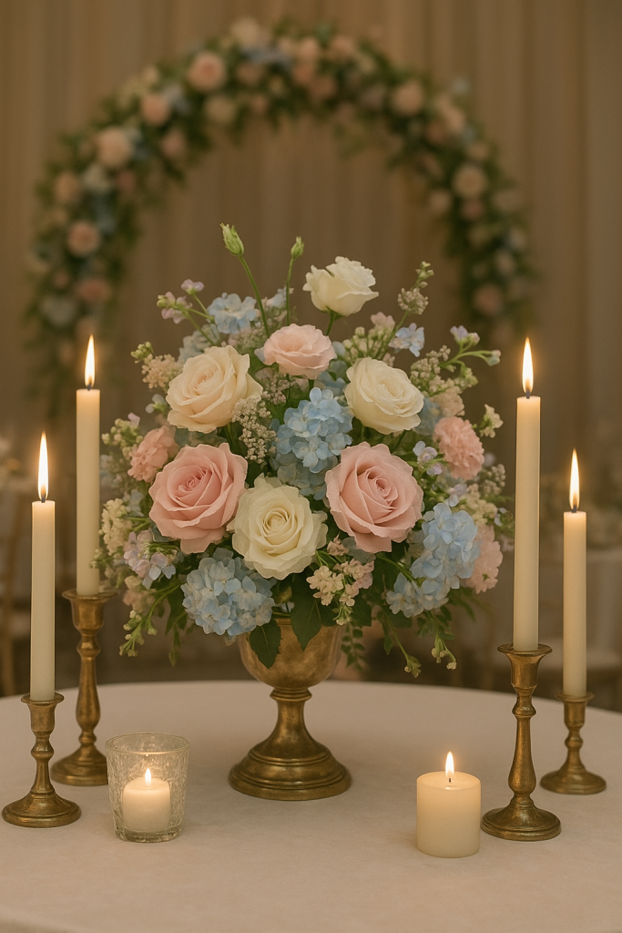 A romantic table set with flickering candles and vibrant flowers, perfect for a Disney-inspired fairy tale wedding.