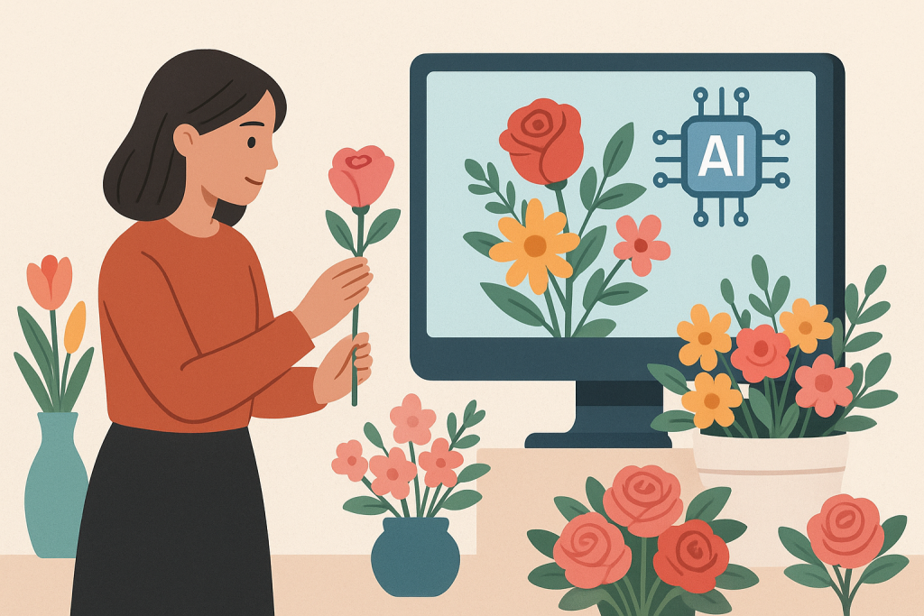 A woman holds a bouquet of flowers in front of a computer screen, illustrating AI's impact on event flower selection.