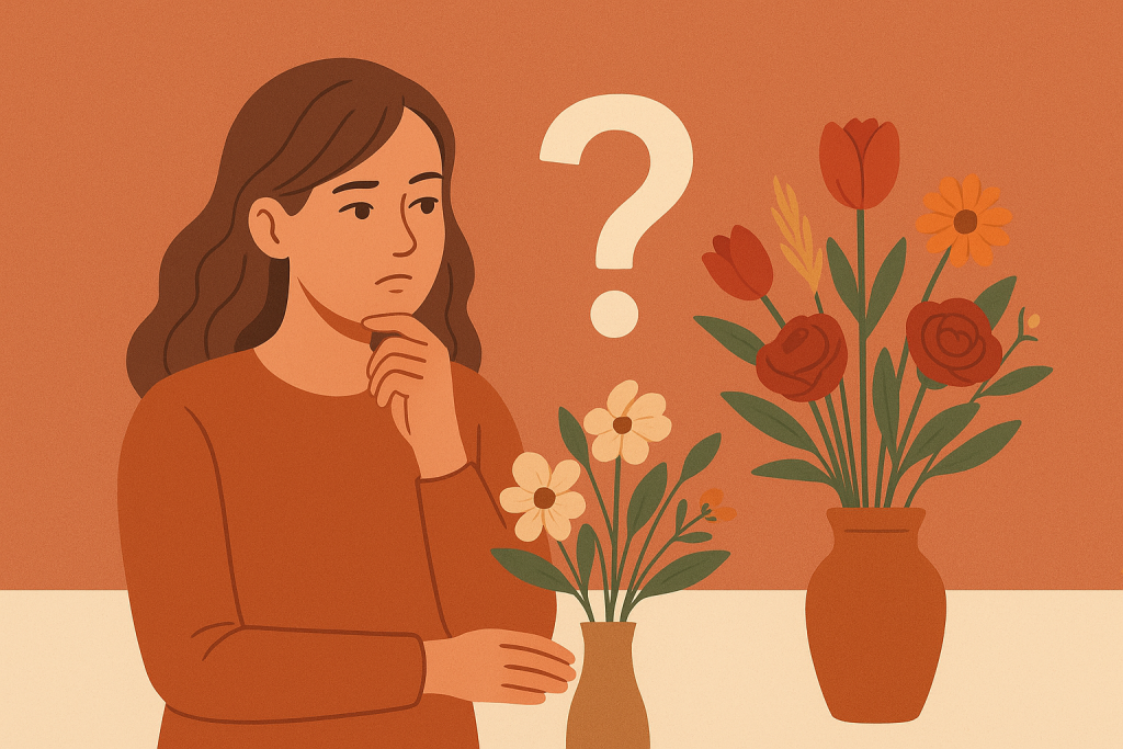 A woman thoughtfully considers the benefits of silk flowers versus fresh flowers for event decoration.