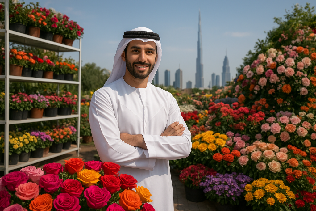 A vibrant display of flowers at Dubai's bustling flower market, showcasing its growth and competitive nature.
