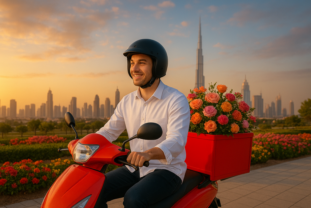 A man on a scooter with a box of flowers, showcasing flower delivery services for events in Dubai.