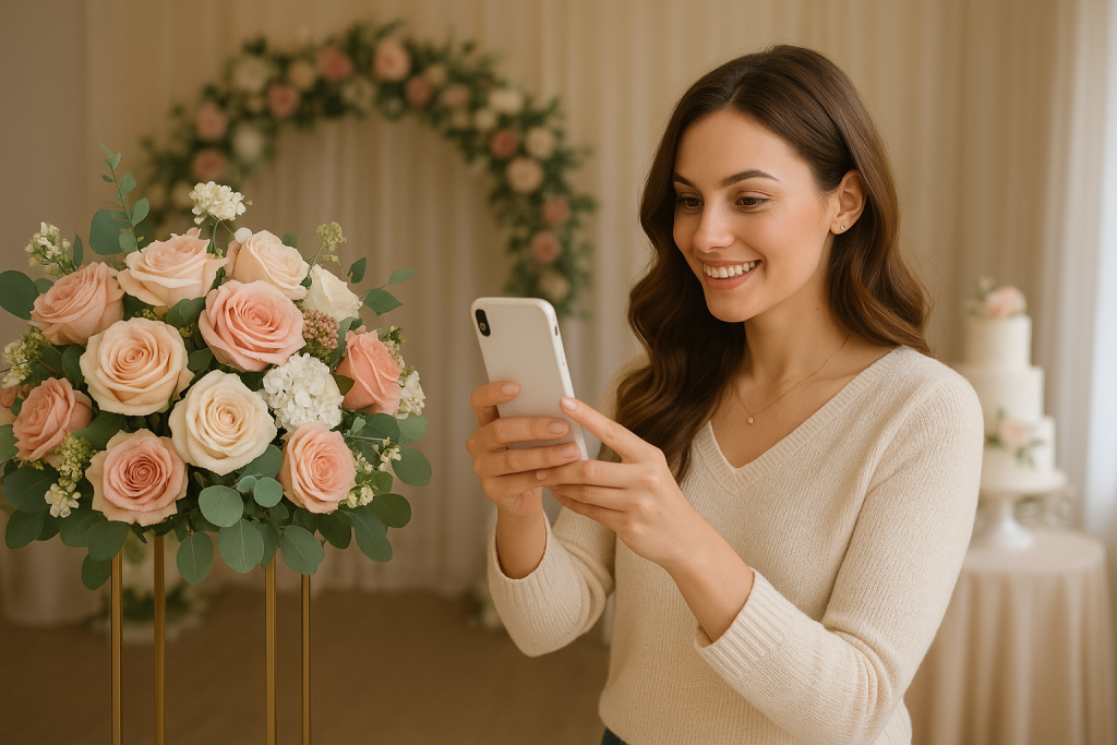 A woman holds a phone while admiring a flower arrangement, illustrating social media's role in shaping wedding flower styles.