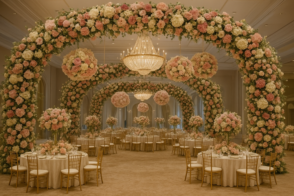 A beautifully decorated wedding reception with a grand arch made of colorful flowers, creating a romantic atmosphere.