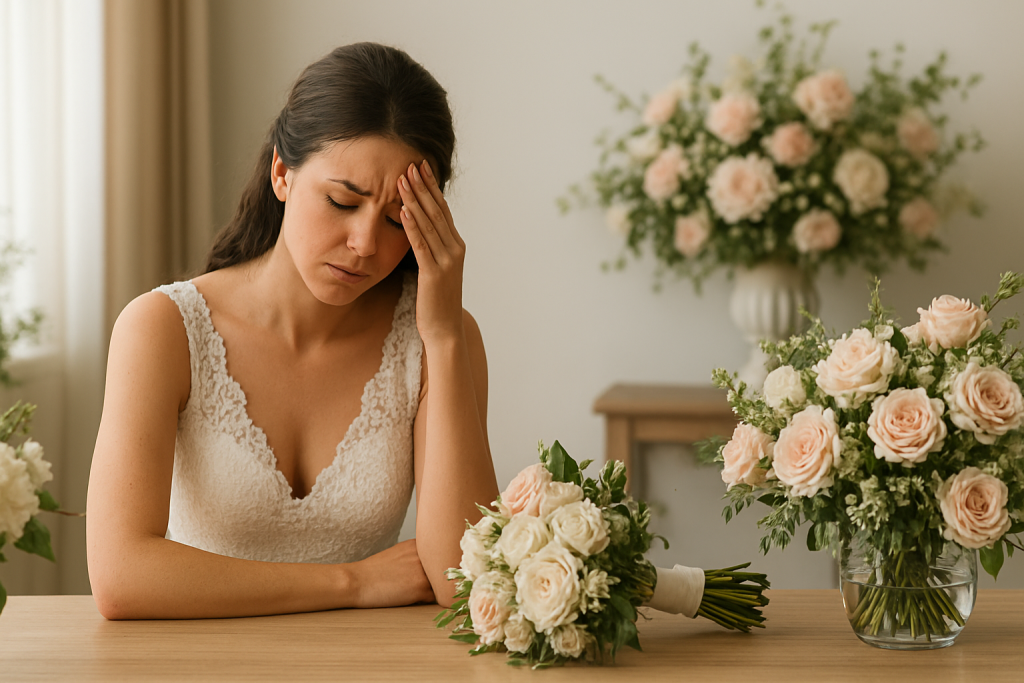 A bride in a wedding dress sits at a floral table, contemplating common regrets about wedding flowers.