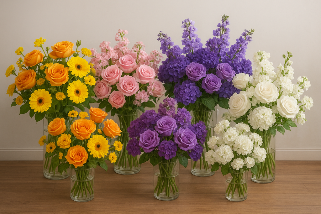 A display of vases containing flowers in different colors, illustrating the psychology of flower colors in event decoration.