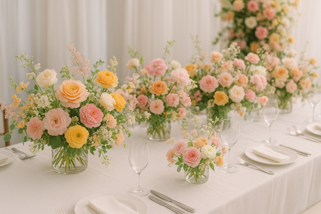 A beautifully set table with a white cloth adorned with vases of vibrant flowers, showcasing budget-friendly wedding decor.