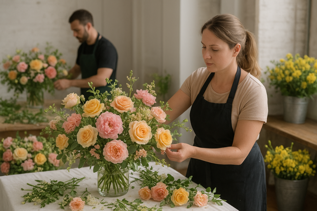 A woman arranges flowers in a vase, preparing for a royal family event behind the scenes.