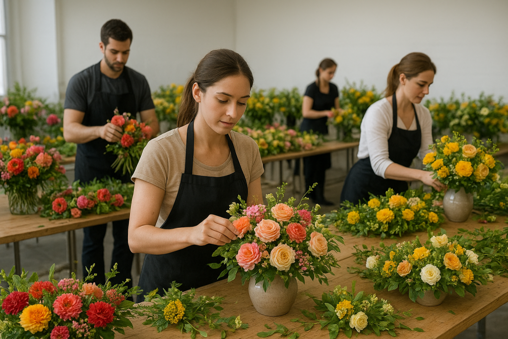 Florists arranging a variety of flowers in a shop, preparing for a large event with over 1000 blooms.