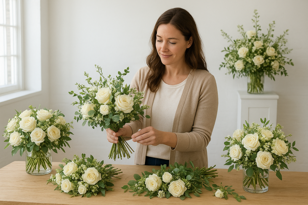 A woman skillfully arranges white roses in vases, showcasing ideas for reusing wedding flowers at future events.