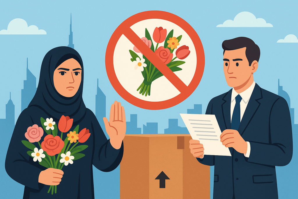 Arab man and woman in hijab holding a bouquet of flowers, symbolizing Dubai's flower import laws and cultural significance.