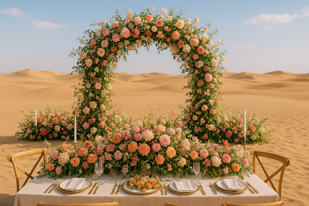 A desert wedding table elegantly decorated with colorful flowers, illustrating a transformation into a floral paradise.