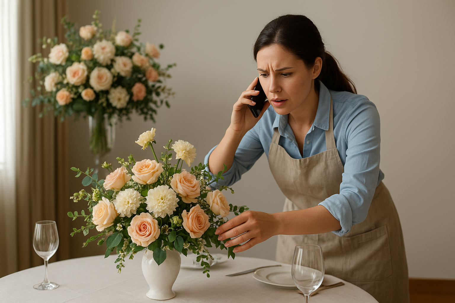 A woman speaks on her cell phone in front of a vase of flowers, coordinating a last-minute wedding flower solution.