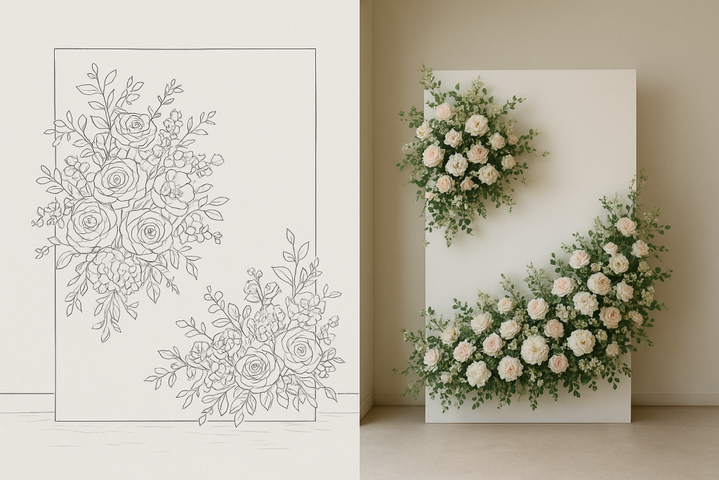 Illustration featuring a flower arrangement and a wall, representing the journey of creating custom floral designs.