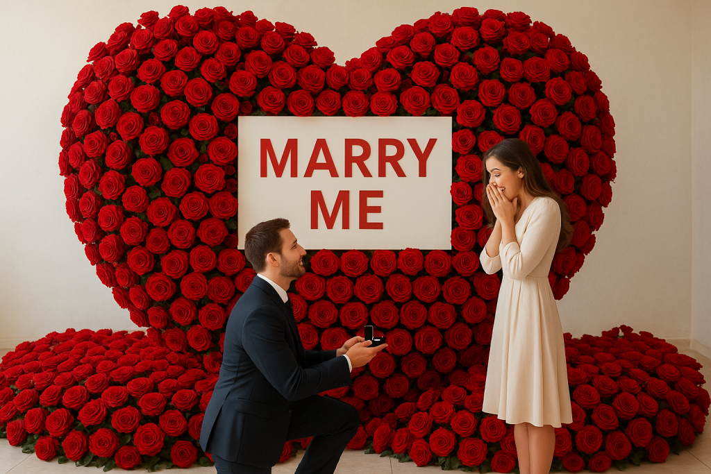 A man proposes to a woman in front of a massive heart made of roses, capturing a moment of love and surprise.