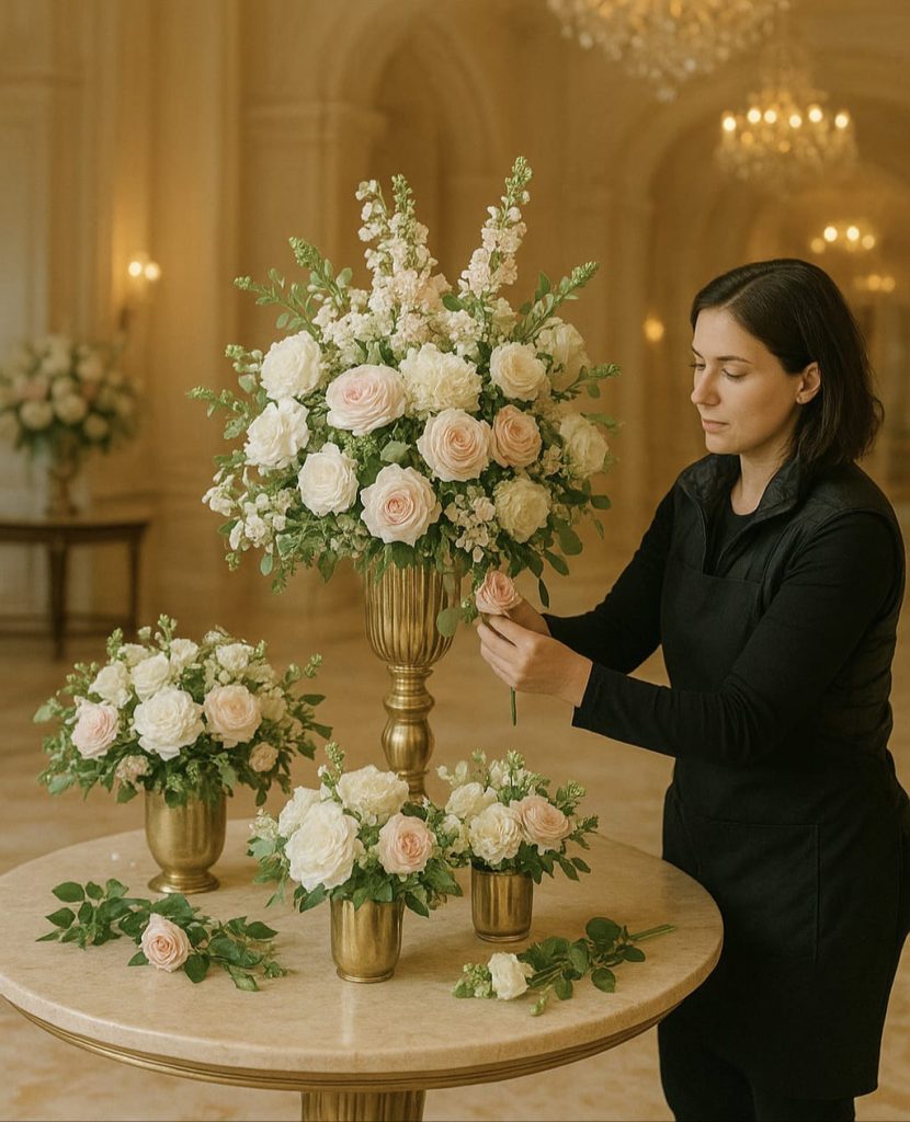 A woman skillfully arranges colorful flowers in a gold vase, highlighting her expertise for million-dollar weddings in Dubai.