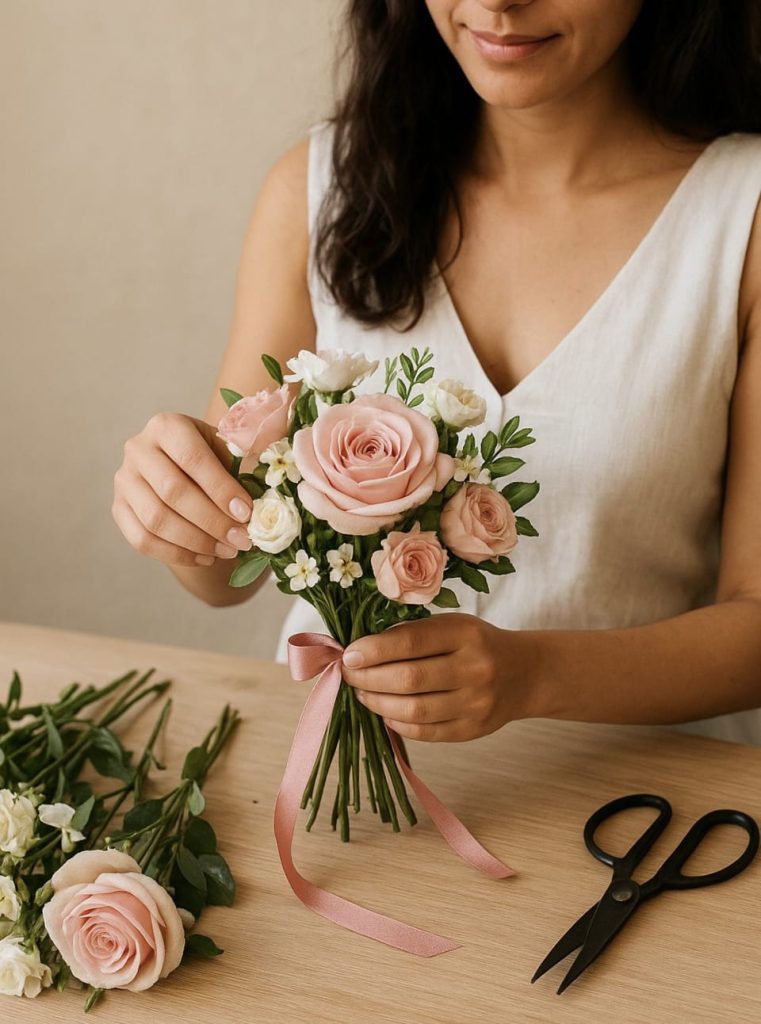 A woman arranging a bouquet of roses, demonstrating how to create a wedding bouquet in Dubai.